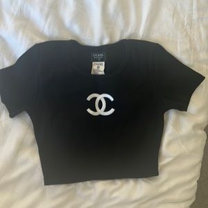 CHANEL vintage black ribbed crop with white CC logo size small